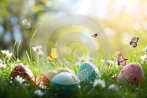 easter eggs are sitting in the grass with butterflies flying around them