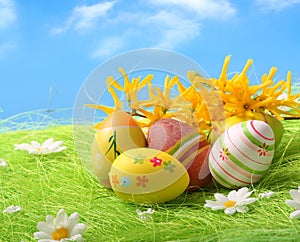 Easter Eggs sitting on grass field