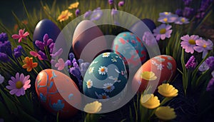 Easter eggs sitting on top of a green, flowery field with indigo renderer to enhance colors