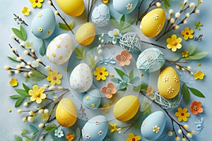 Easter eggs in soft pastels among pussy willow branches and yellow flowers on a blue surface. easter