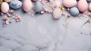 Easter eggs and spring Flowers background. Happy Easter concept