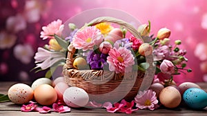 Easter eggs and spring flowers in basket on wooden table on blurred background