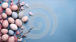 Easter eggs and spring flowers on blue background with copy space