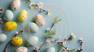 Easter eggs and spring flowers on blue background. Top view