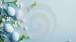 Easter eggs and spring flowers on blue background. Top view with copy space