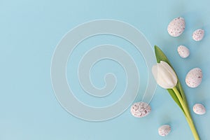 Easter eggs and spring flowers on the blue table background.Flat lay style.