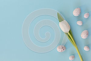 Easter eggs and spring flowers on the blue table background.Flat lay style.