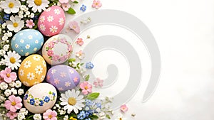Easter Eggs And Spring Flowers Border With Clean White Copy Space