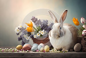 Easter eggs with spring flowers and a cute bunny on a table. Festive decoration with a rabbit and colored eggs. Happy Easter
