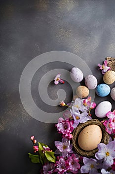 Easter eggs and spring flowers on dark background. Top view with copy space