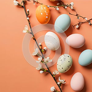Easter eggs and spring flowers on orange background. Flat lay, top view