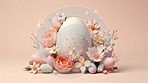 Easter eggs and spring flowers on pastel background. Happy Easter concept