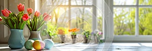 Easter Eggs with Spring Flowers Still Life on Kitchen Window Background with Copy Space