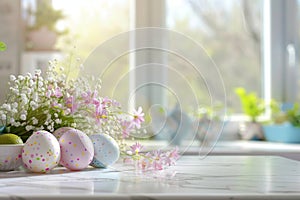 Easter Eggs with Spring Flowers Still Life on Kitchen Window Background with Copy Space