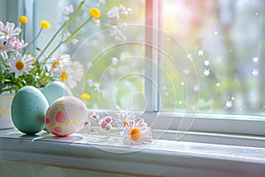Easter Eggs with Spring Flowers Still Life on Kitchen Window Background with Copy Space