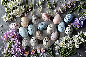 Easter eggs and spring flowers on a stone background, top view