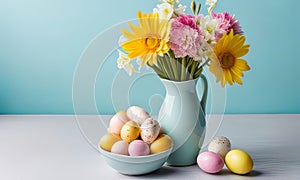 Easter eggs and spring flowers in a vase on a blue background. AI generated