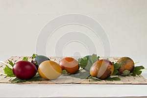 Easter eggs and spring flowers on white background
