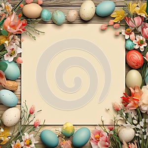 Easter eggs and spring flowers on a wooden background with space for text