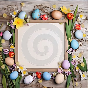 Easter eggs and spring flowers on wooden background. Top view, copy space