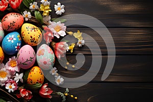 Easter eggs and spring flowers on wooden background. Top view with copy space, Happy Easter. Congratulatory easter background.