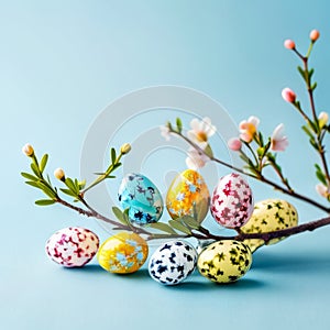 Easter eggs and spring twig on blue background. Happy Easter concept.