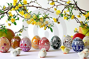 Easter eggs surrounded by forsythia and little chickens.