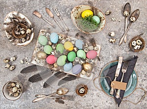 Easter eggs Table decoration Flat lay Top view