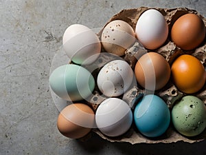 Easter eggs on the table in a package, pastel colors, painted delicately. Happy Easter