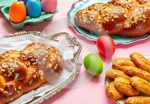 Easter eggs and tsoureki braid, greek easter sweet bread