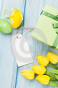 Easter eggs, tulips and blank tag