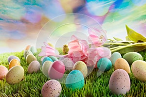 Easter eggs with tulips on grass with rainbow sky