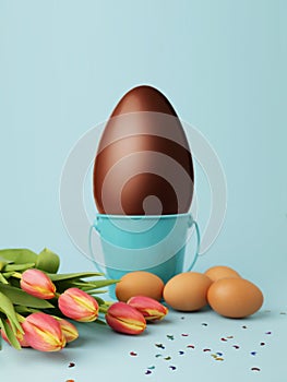 Easter eggs and tulips on solid background