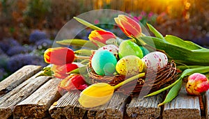 Easter eggs and tulips on wooden planks