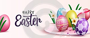 Easter eggs vector background design. Happy easter text with 3d realistic eggs in colorful and abstract pattern for holiday season