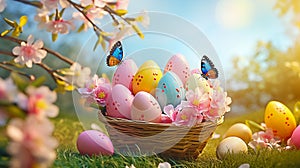 easter eggs in vicker basket on grass and flowers background
