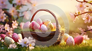 easter eggs in vicker basket on grass and flowers background