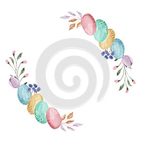 Easter Eggs Watercolor Pastel Spring Leaves Floral Garland Border Frame