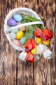 Easter Eggs in a white basket with colorful tulips