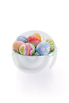 Easter eggs in white bowl