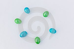 Easter eggs on white snow background