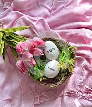 Easter eggs in a wicker nest