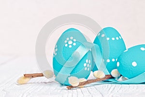 Easter eggs and willow branches on white background