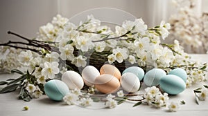 Easter eggs willow branches and white spring flowers on a light background