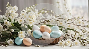 Easter eggs willow branches and white spring flowers on a light background