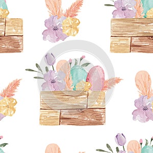 Easter Eggs Wood Box Watercolor Pastel Spring Leaves Floral Seamless Patterns