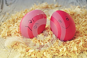 Easter eggs on wood sawdust. Two amusing Easter eggs with the drawn persons.