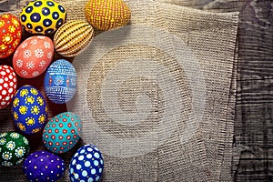 Easter eggs on wooden background. Top View