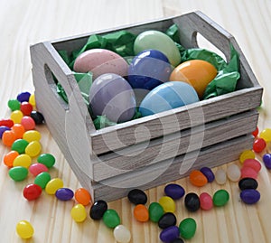 Easter eggs in wooden basket