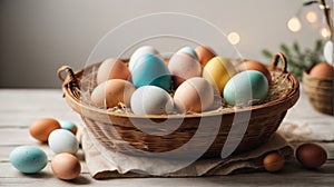 Easter eggs in a wooden basket on a light background